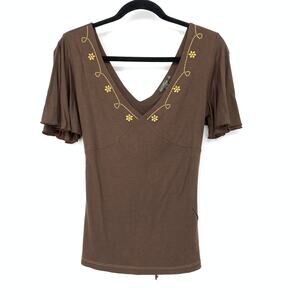 MNG Mango Y2K V-Neck Flutter Sleeve Tie Back Top Womens Sz S Brown Embroidered
